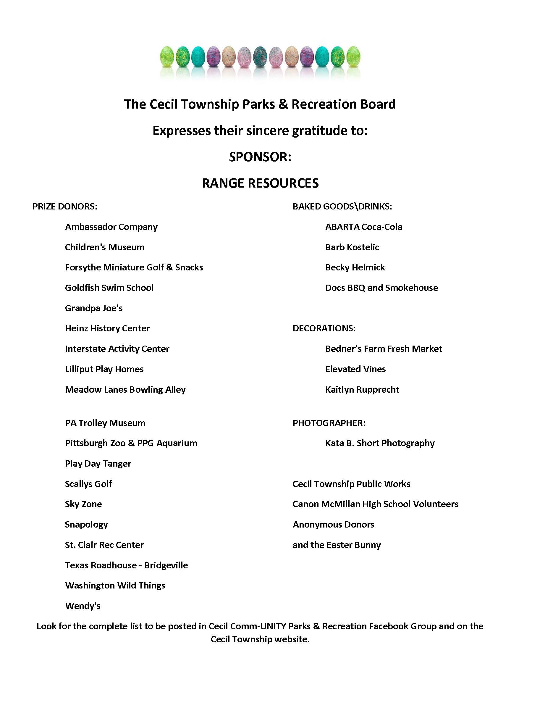 The Cecil Township Parks Thanks