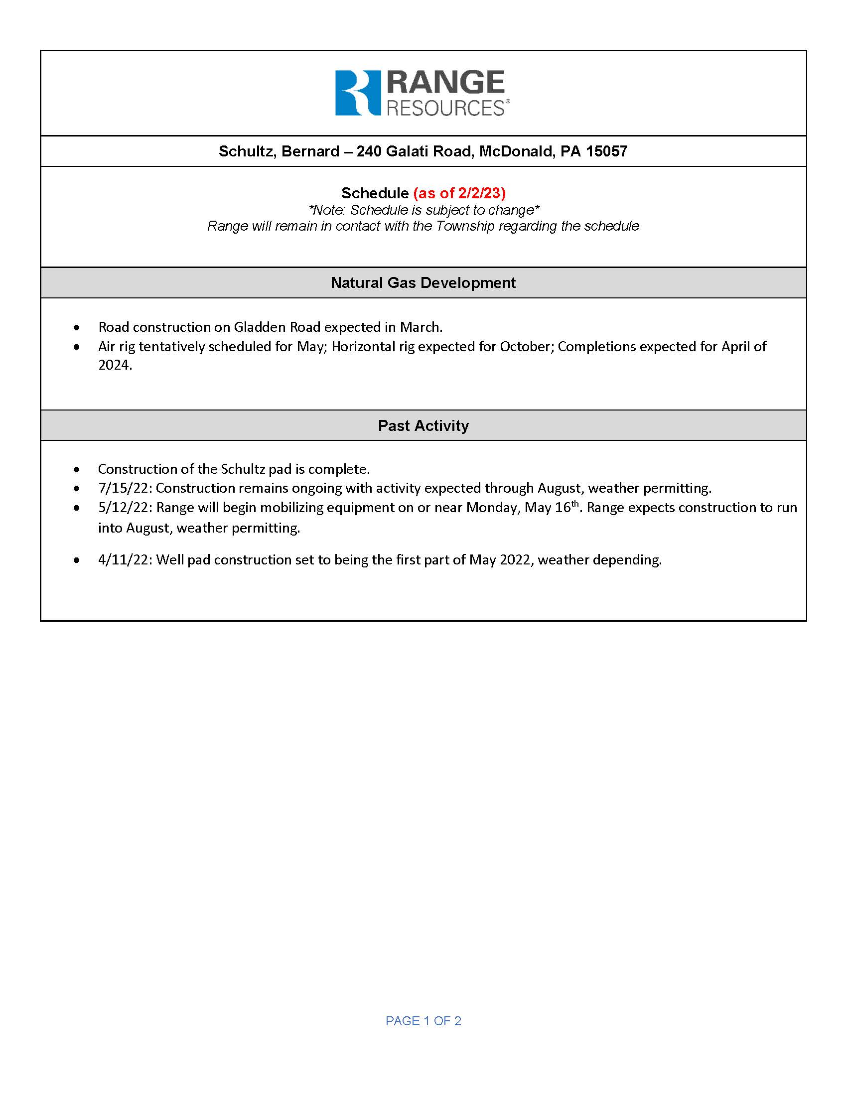 Schultz Well Site Timeline 2-2-23