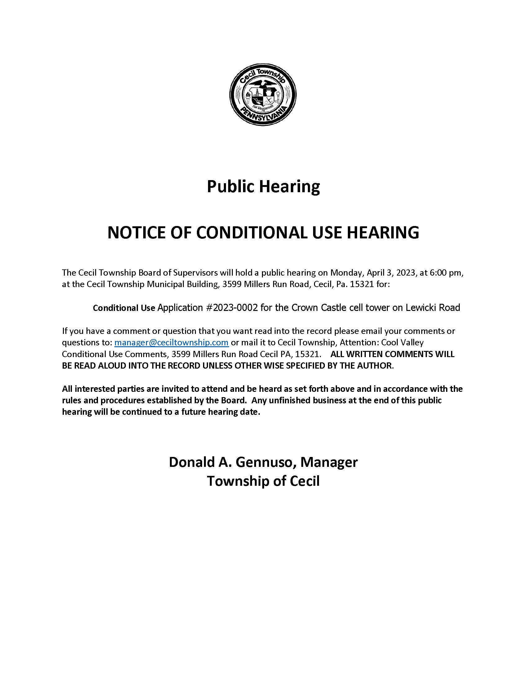 Conditional Use Hearing 040320232