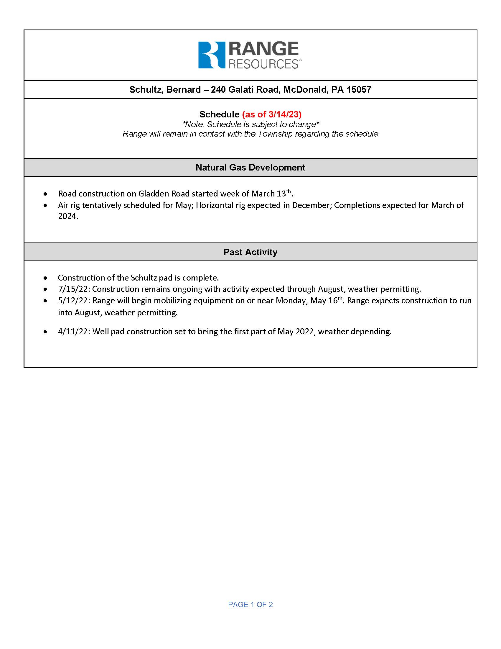Schultz Well Site Timeline 3-14-23