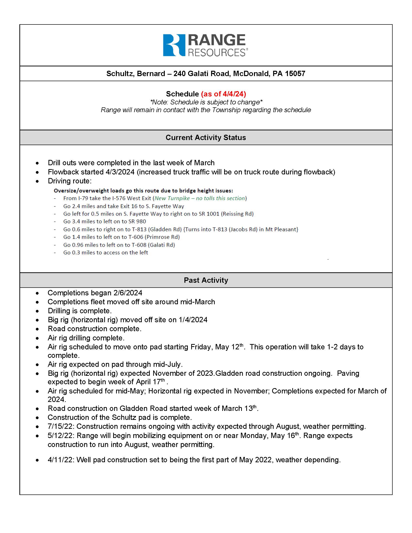 Schultz Well Site Timeline 4-4-2024