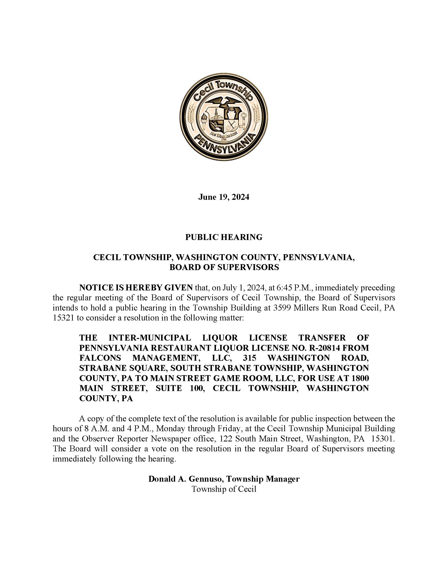 Advertisement for Main Street Game Roome inter municipal liquor