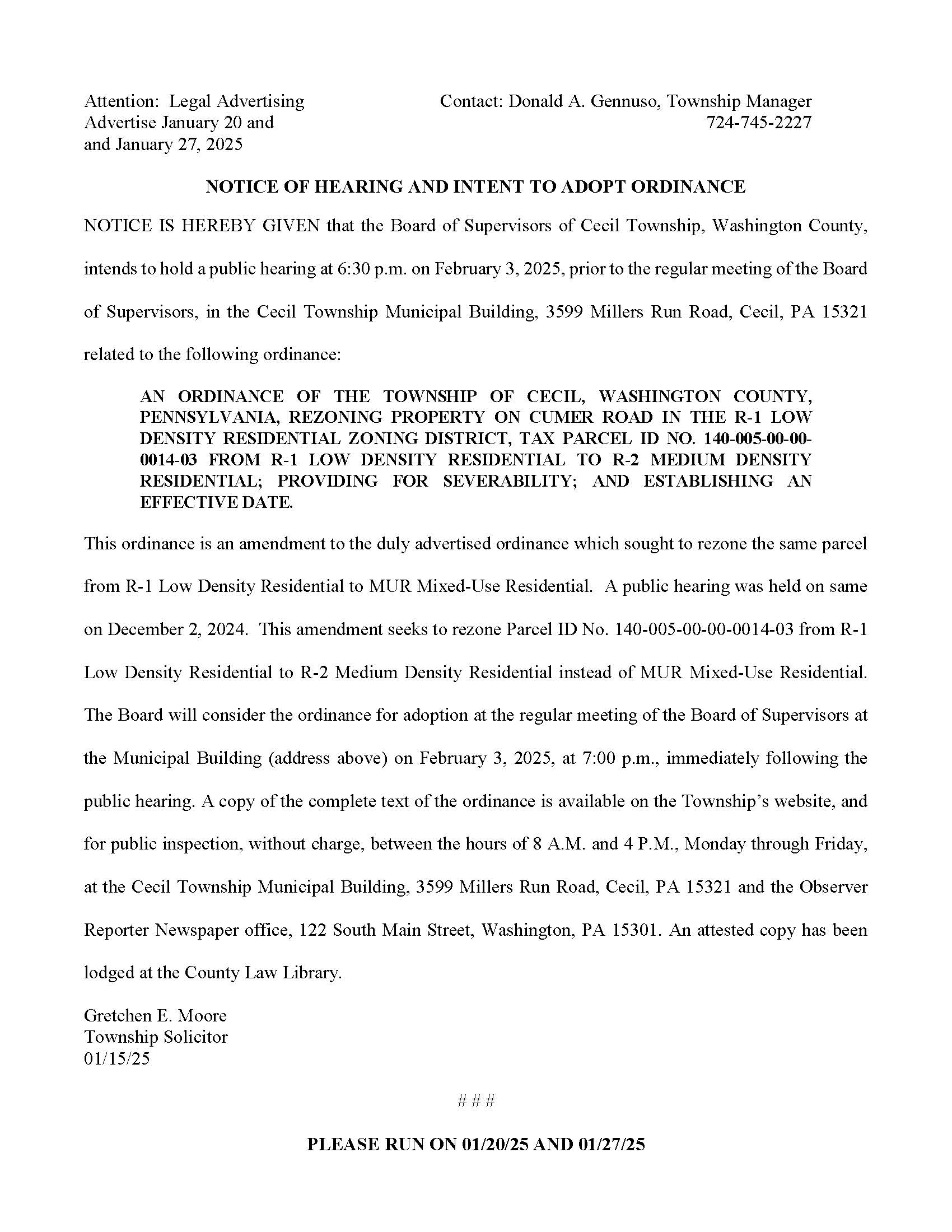 Advertisement - Rezoning amendment from MUR to R2 (003)