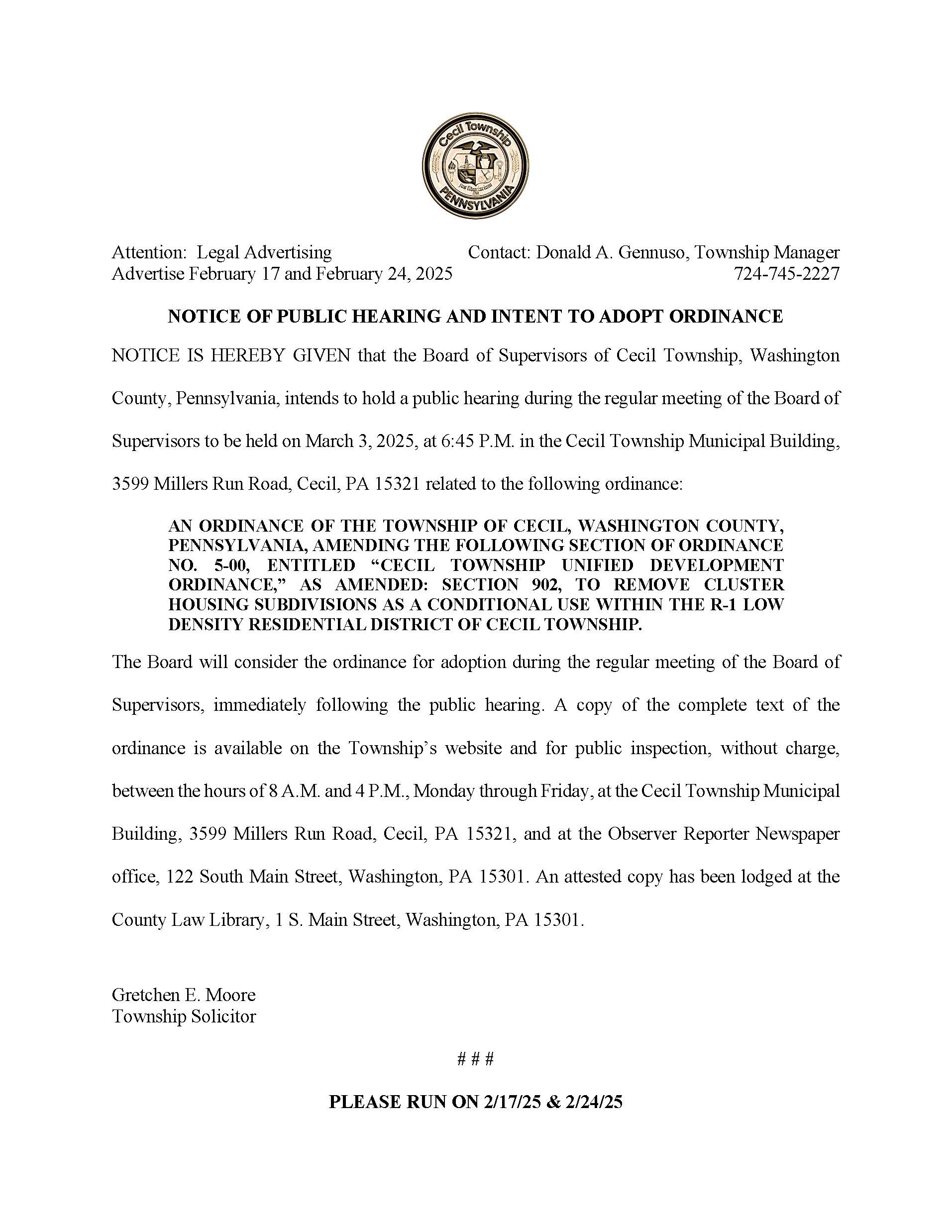 Advertisement for Amendment Removing Cluster Housing draft