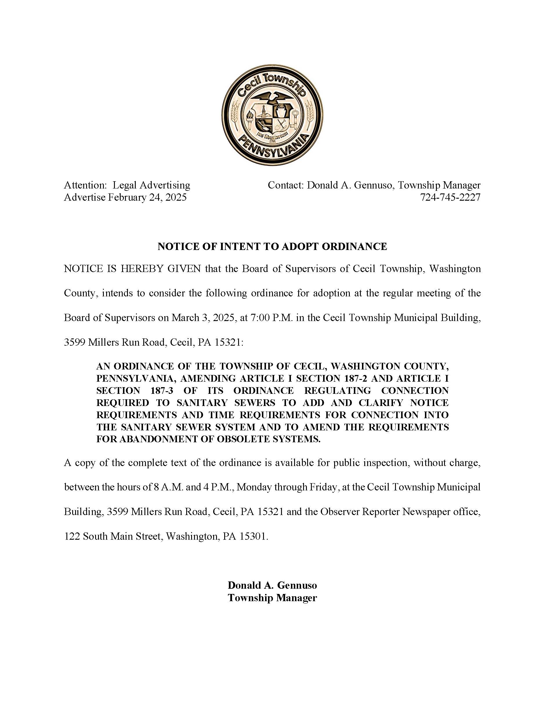 Advertisement for Ordinance Amending Sections 187-2 and 187-3 Sanitary sewers draft