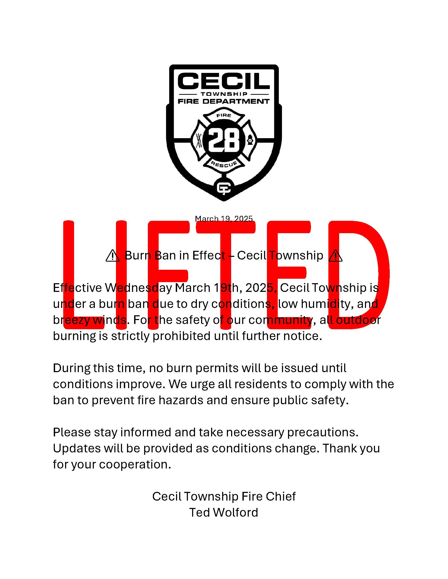 March 19 Burn Ban LIFTED