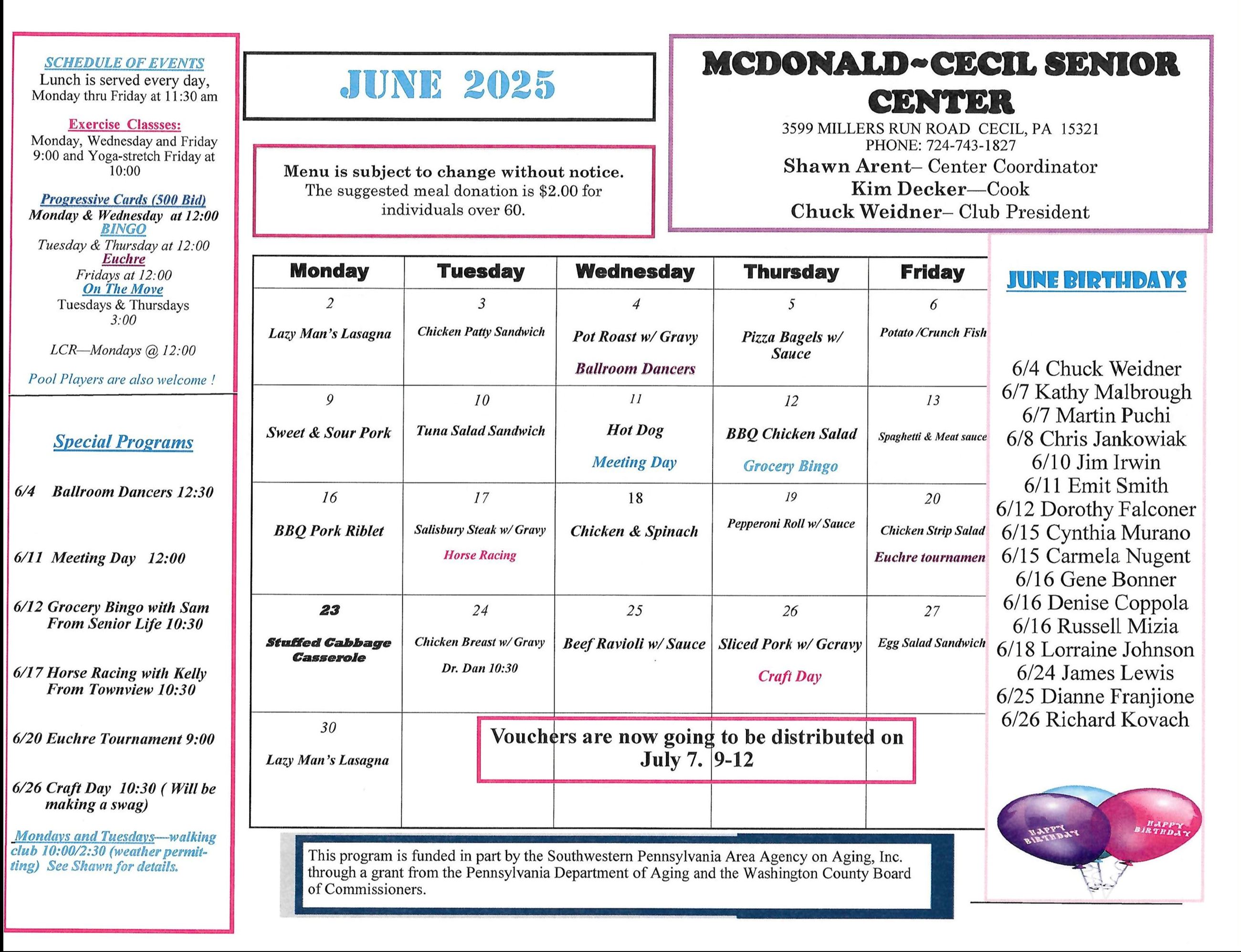 Senior Center Menu May 2025