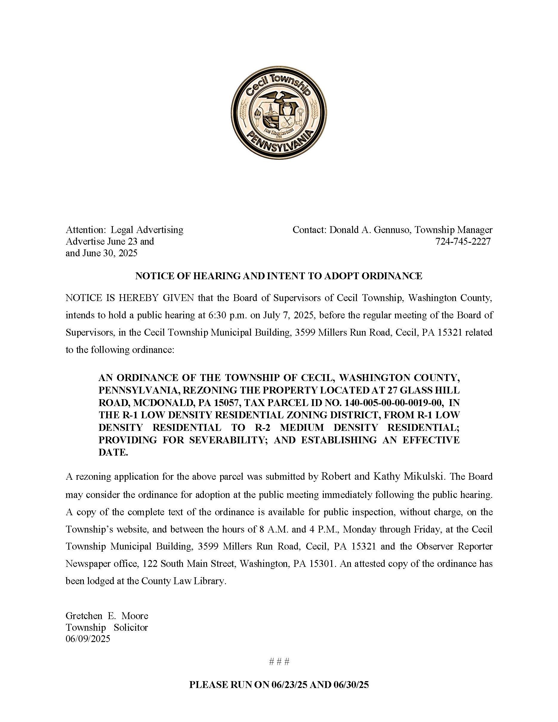 Cecil Township - Advertisement for Ordinance Rezoning 27 Glass Hill Road (003)