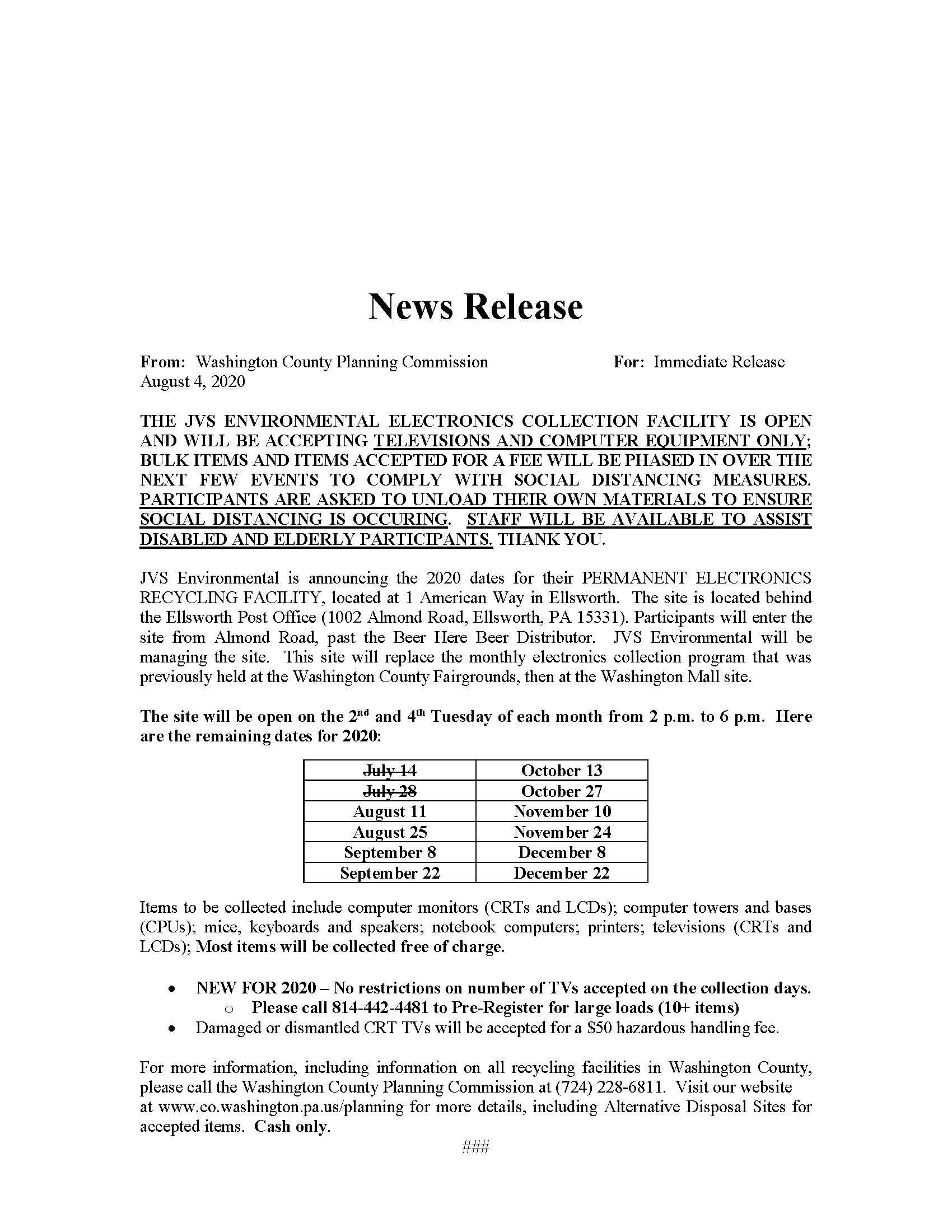 Electronics Collection Facility Updated News Release with Unloading Info 8-4-2020