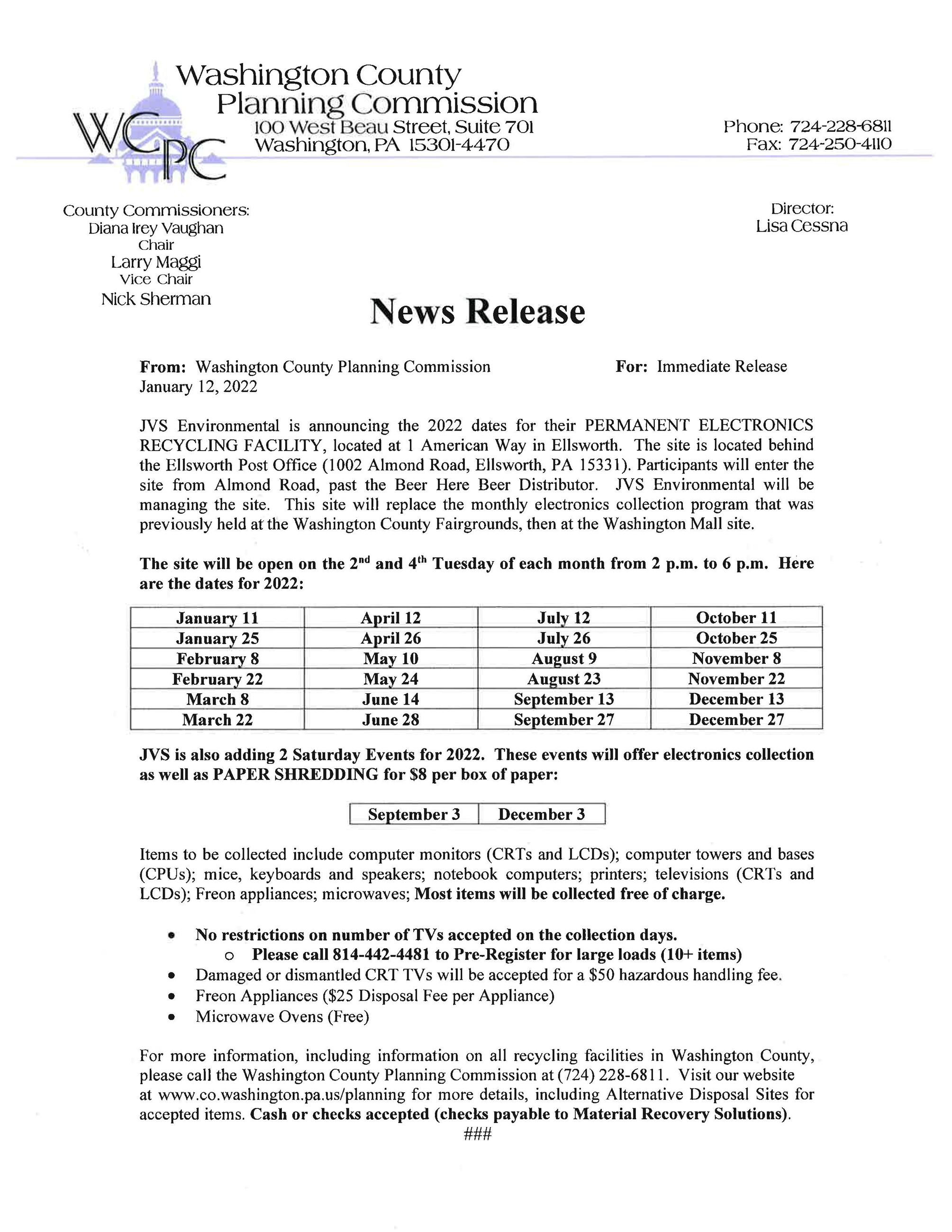 Electronics Collection Facility News Release 2022 Info 1-12-22