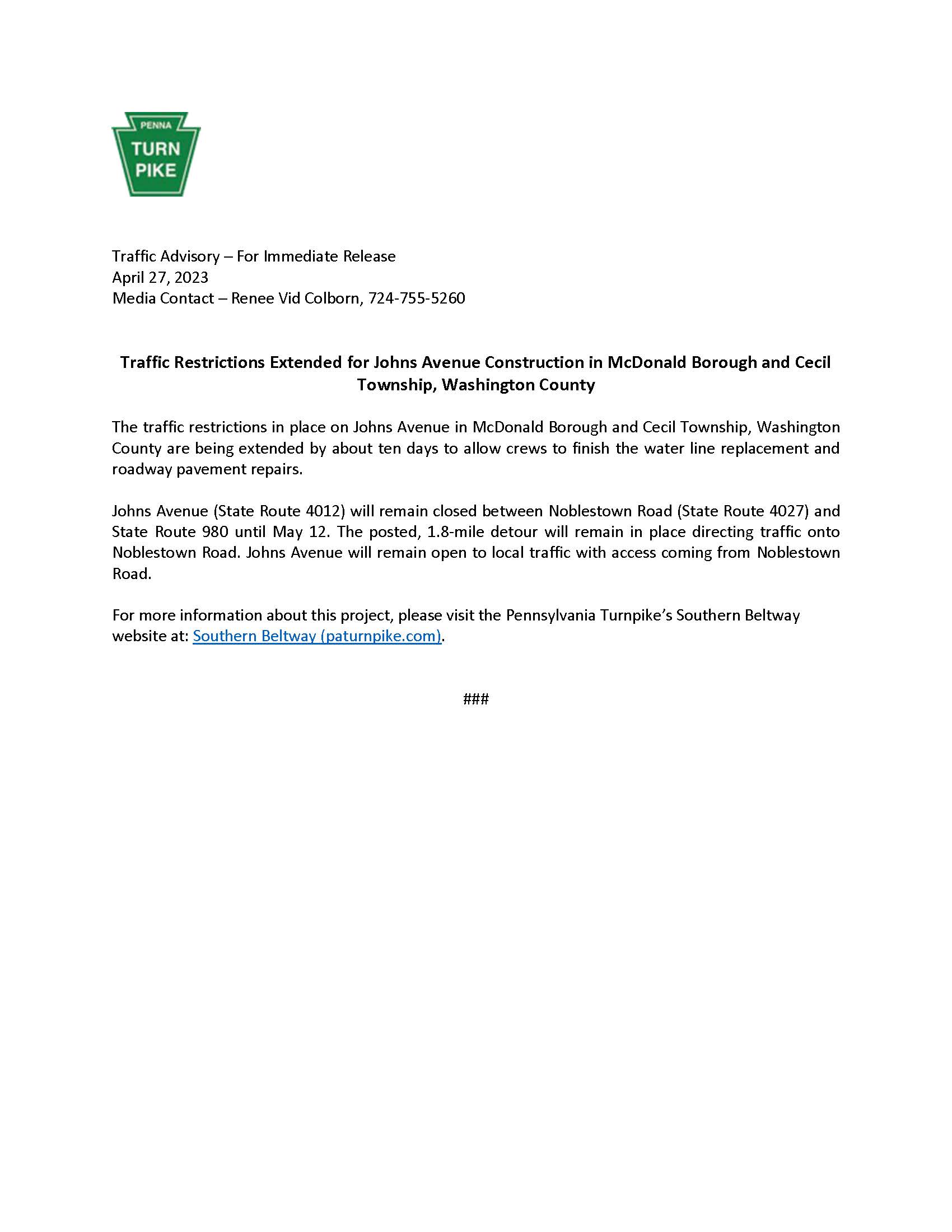 Traffic Advisory-Update to Johns Avenue Construction