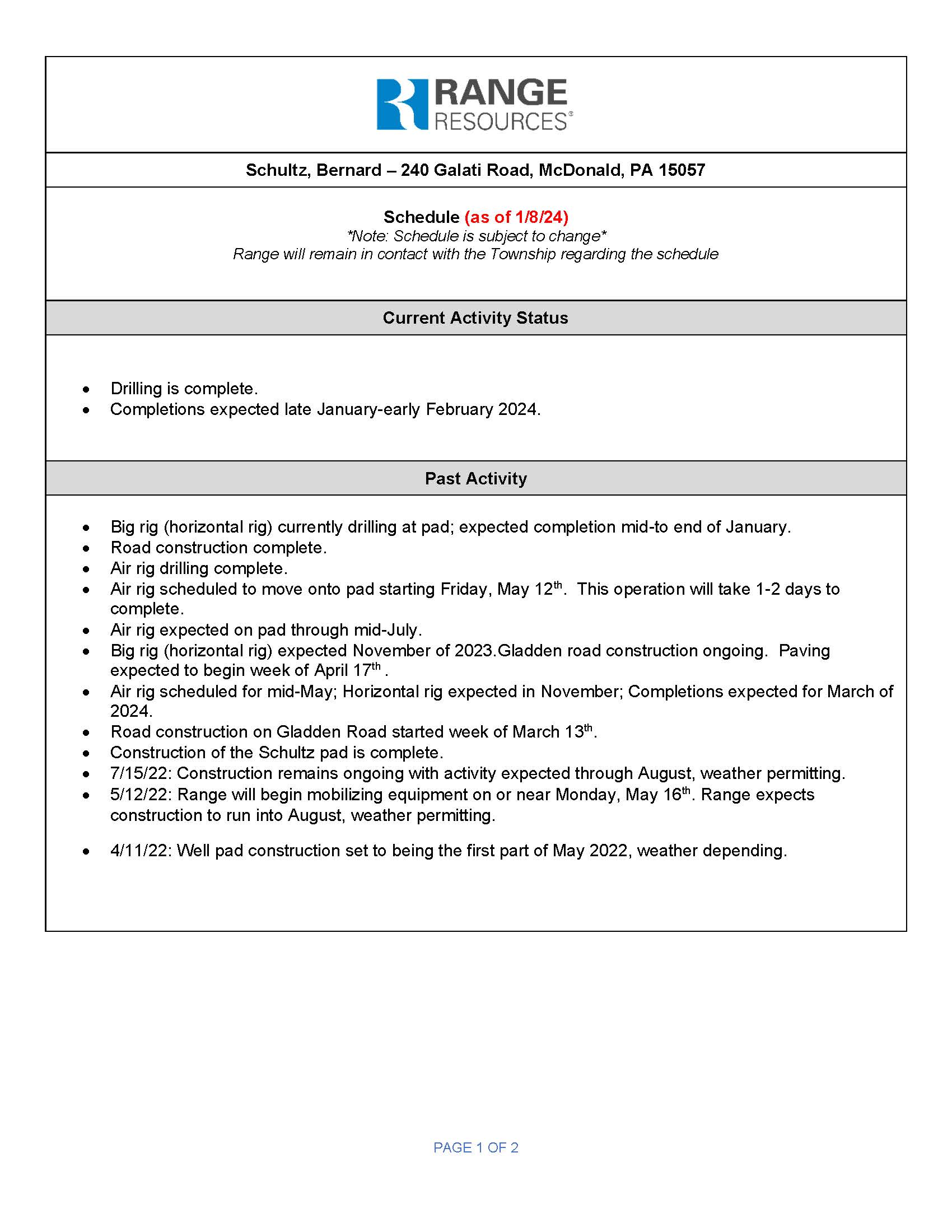 Schultz Well Site Timeline 1-8-24