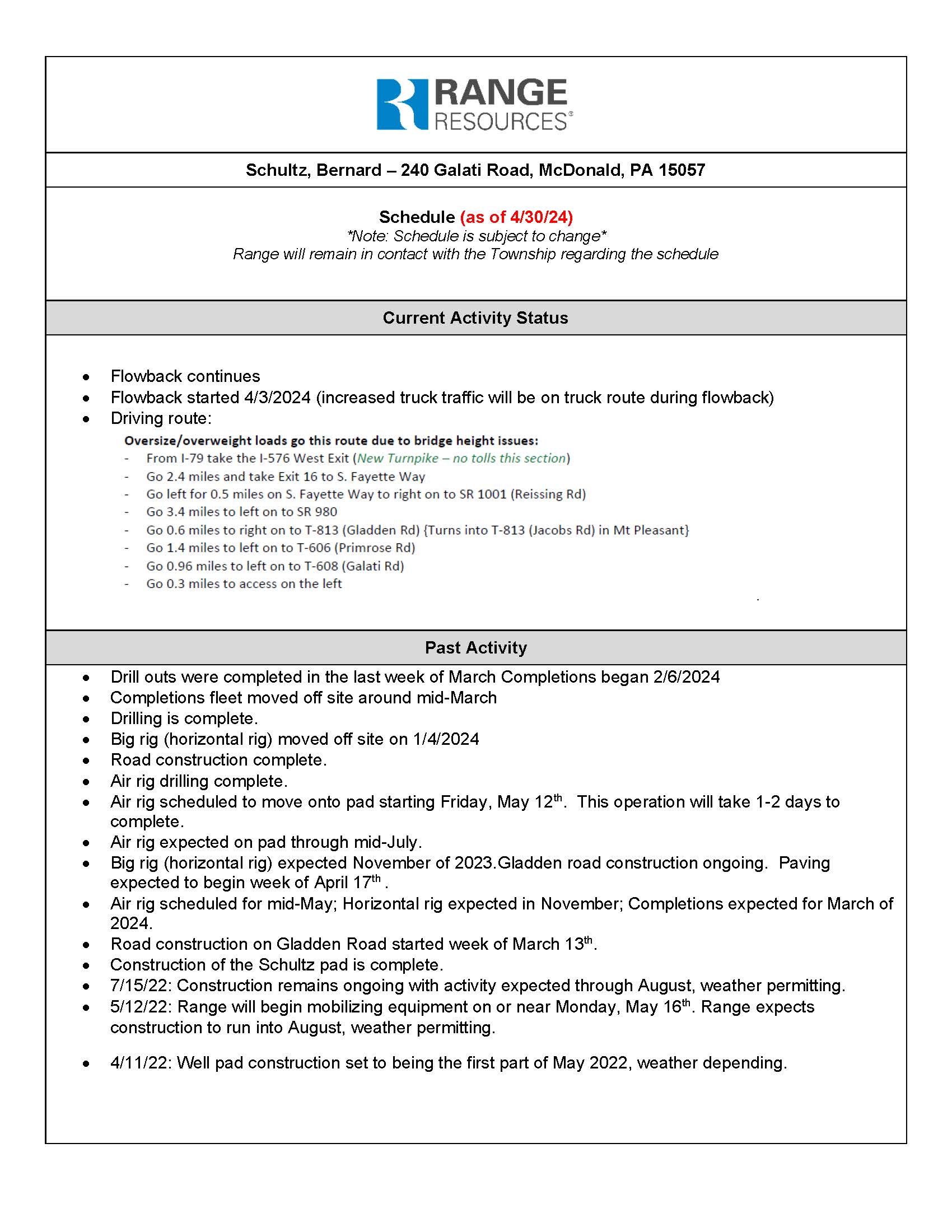 Schultz Well Site Timeline 4-30-2024