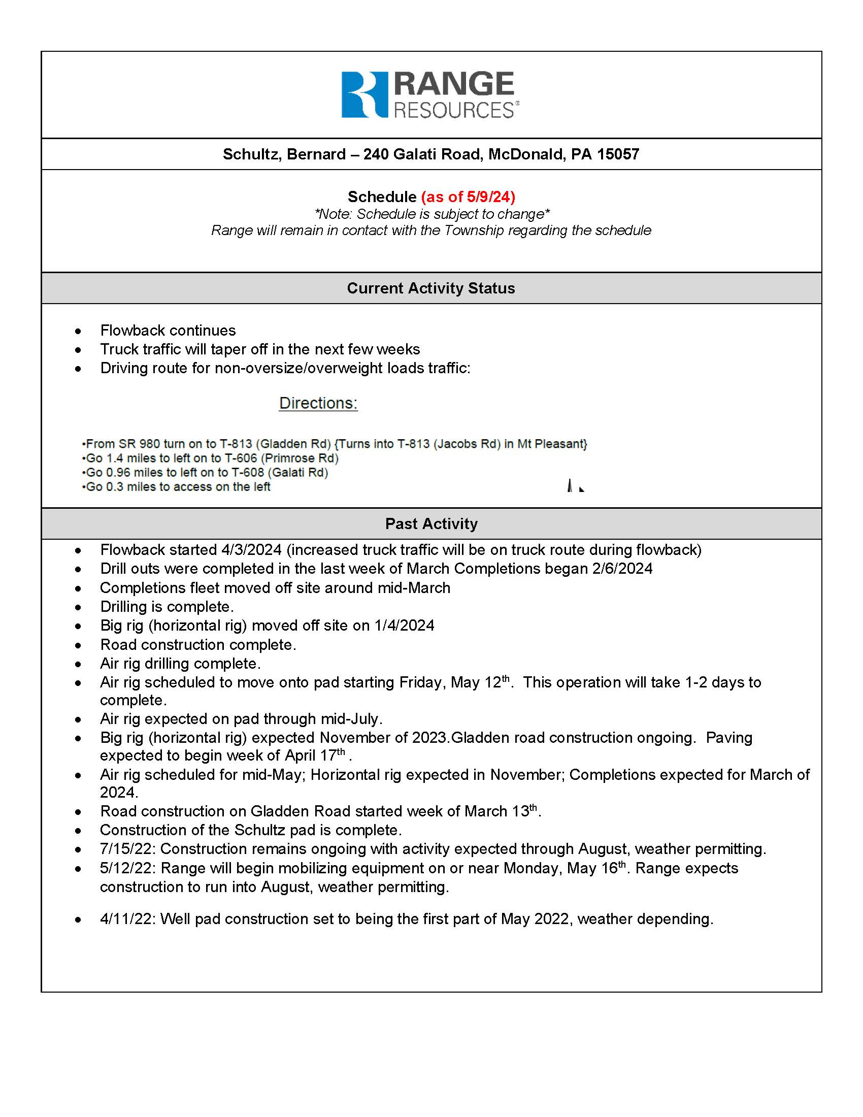 Schultz Well Site Timeline 5-9-2024