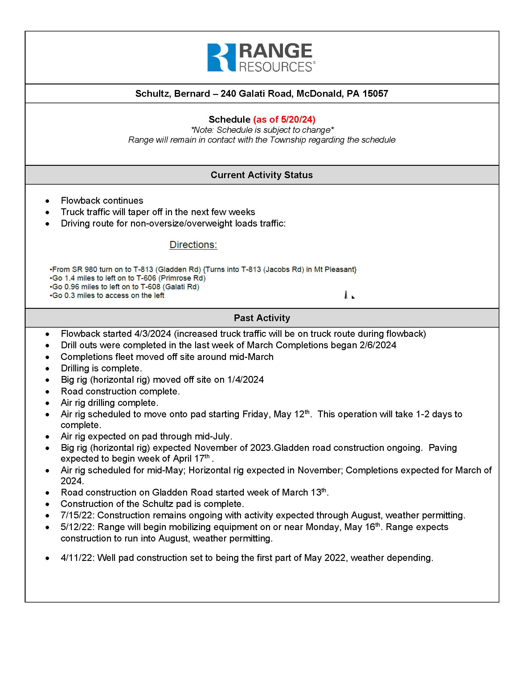 Schultz Well Site Timeline 5-20-2024