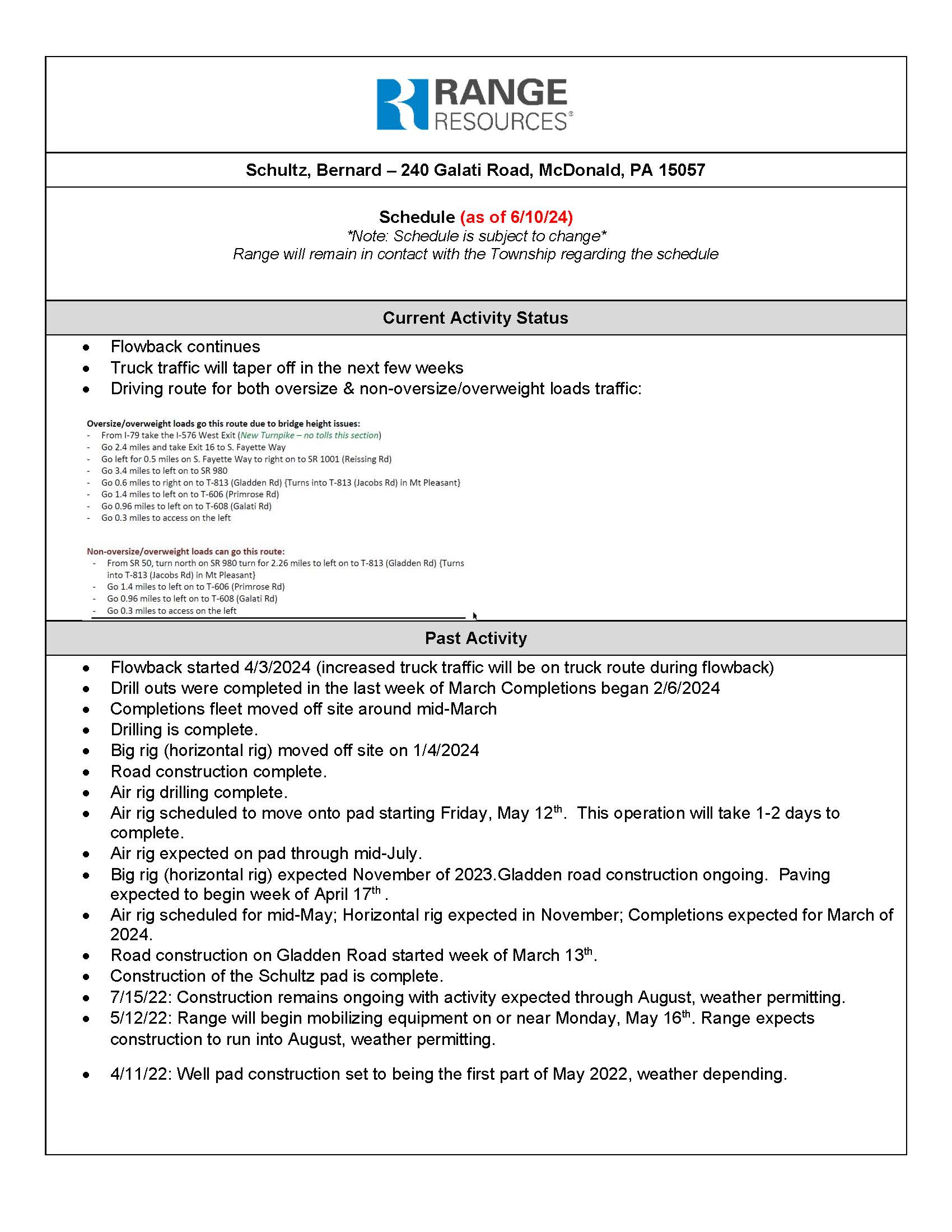 Schultz Well Site Timeline 6-10-2024