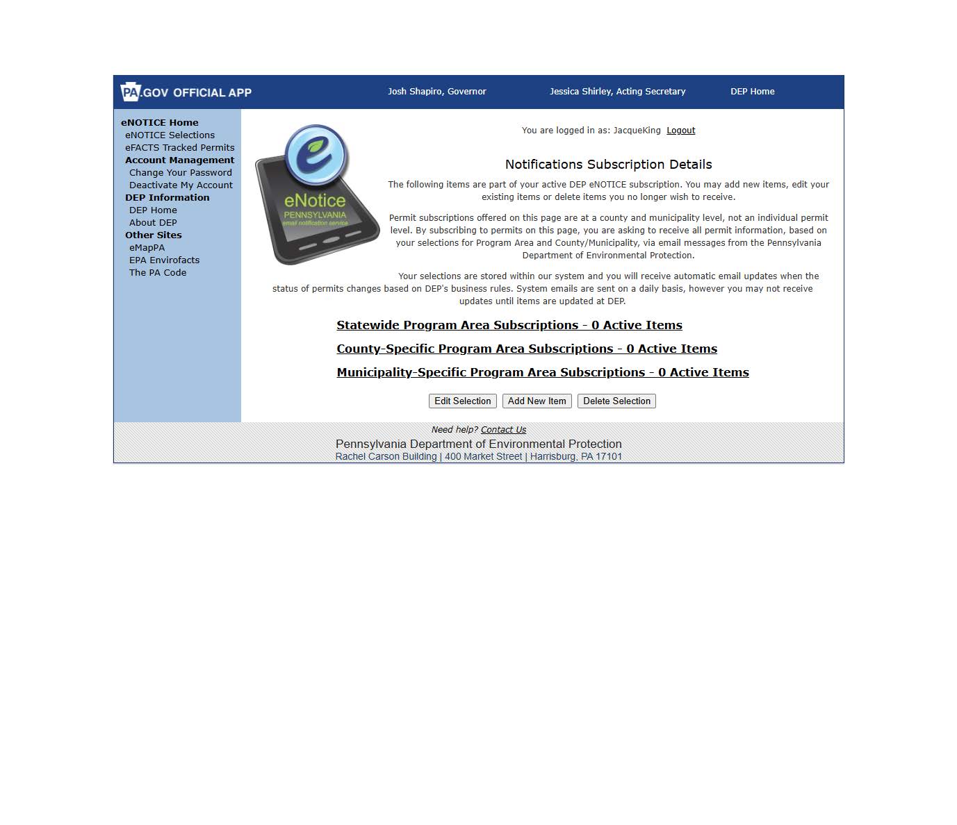 DEP eNotification Screenshot