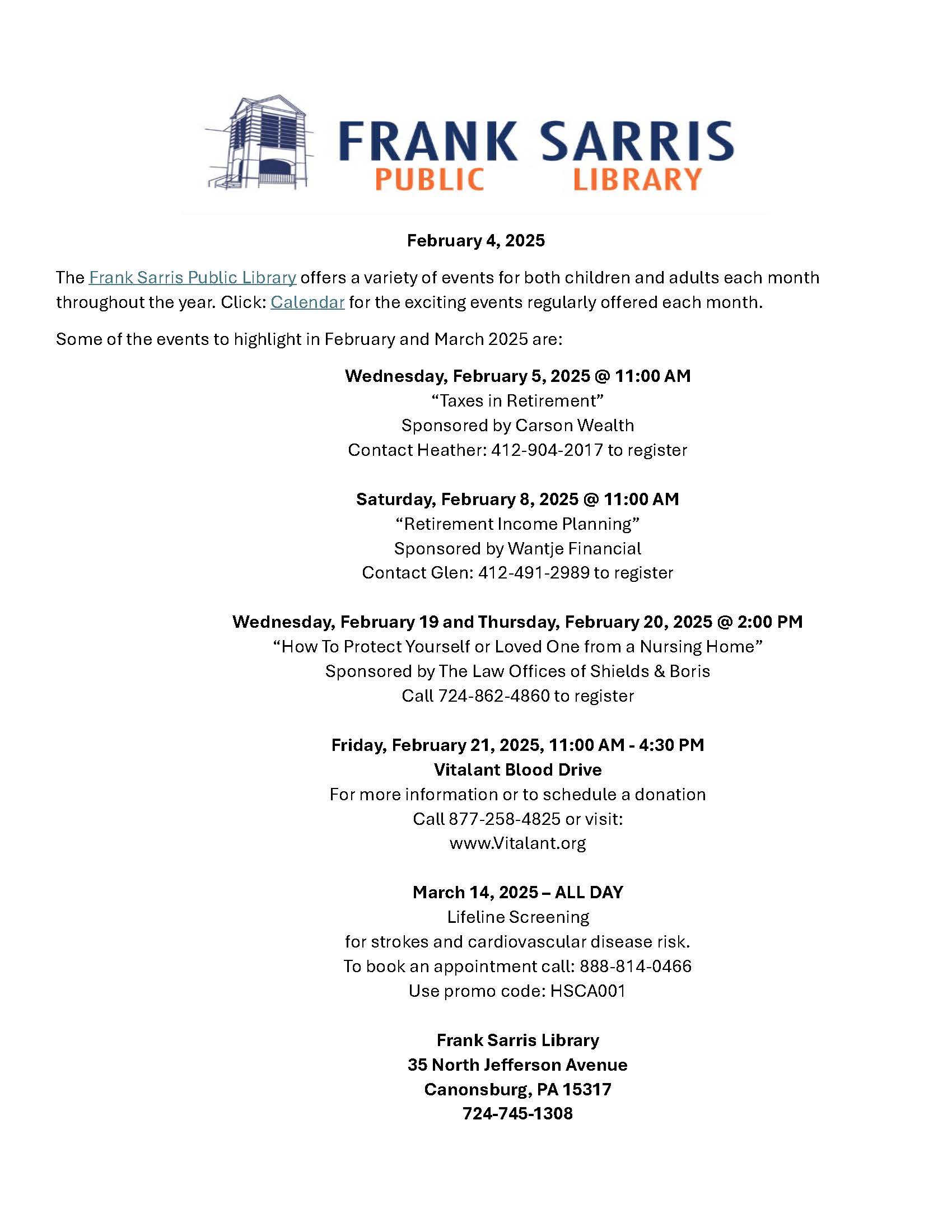 Sarris Library Events 22025