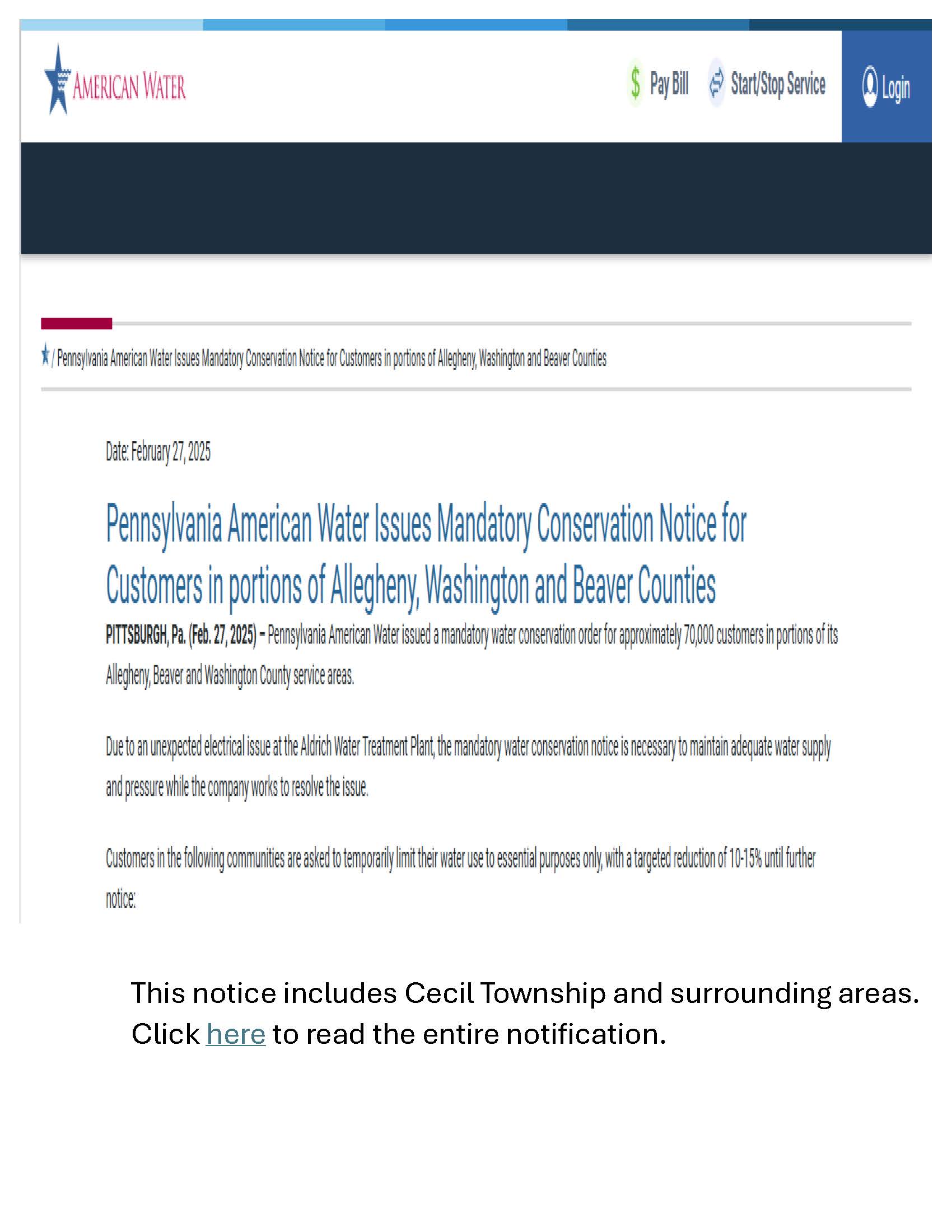 This notice includes Cecil Township and surrounding areas