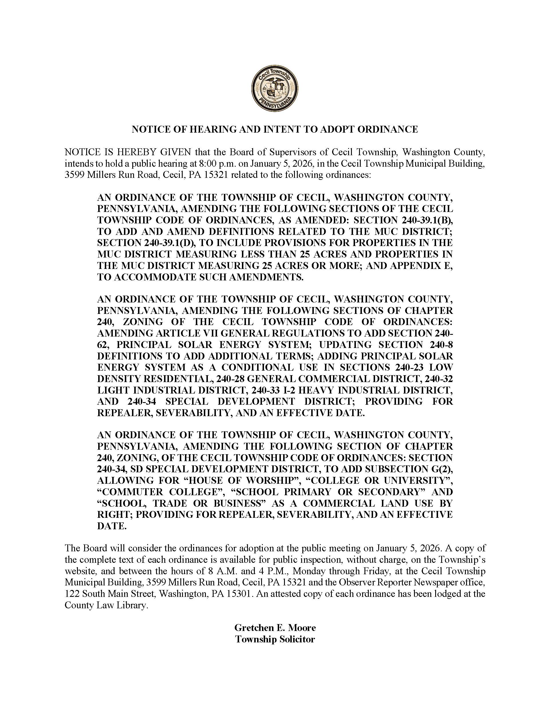 Advertisement for January 5 2026 PUBLIC HEARINGS